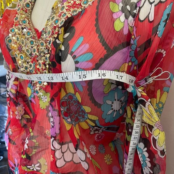 Boho Floral Sheer Tunic Dress with Sequin Beaded Neckline - Picture 6 of 13